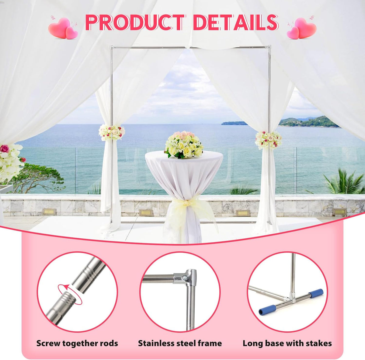 Wedding Arch,7 x 4 FT Metal Arch Backdrop Stand with Support Feet Base,Square Arched Frame for