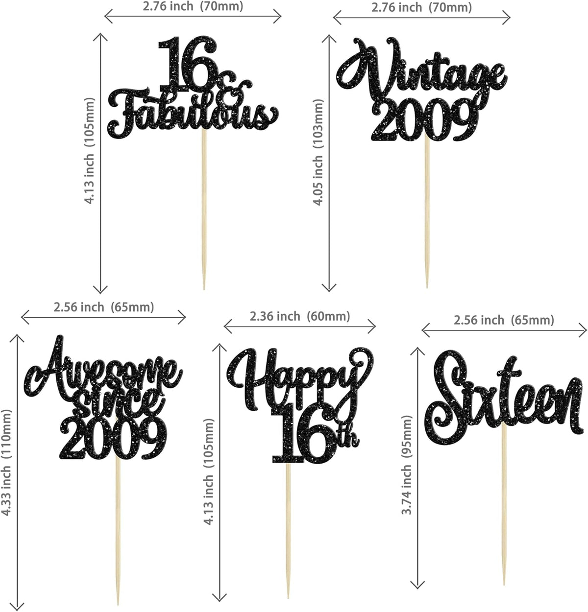 30Pcs Happy 16th Birthday Cupcake Toppers Glitter Sixteen Vintage 2009 Cupcake Picks Cheers to 16