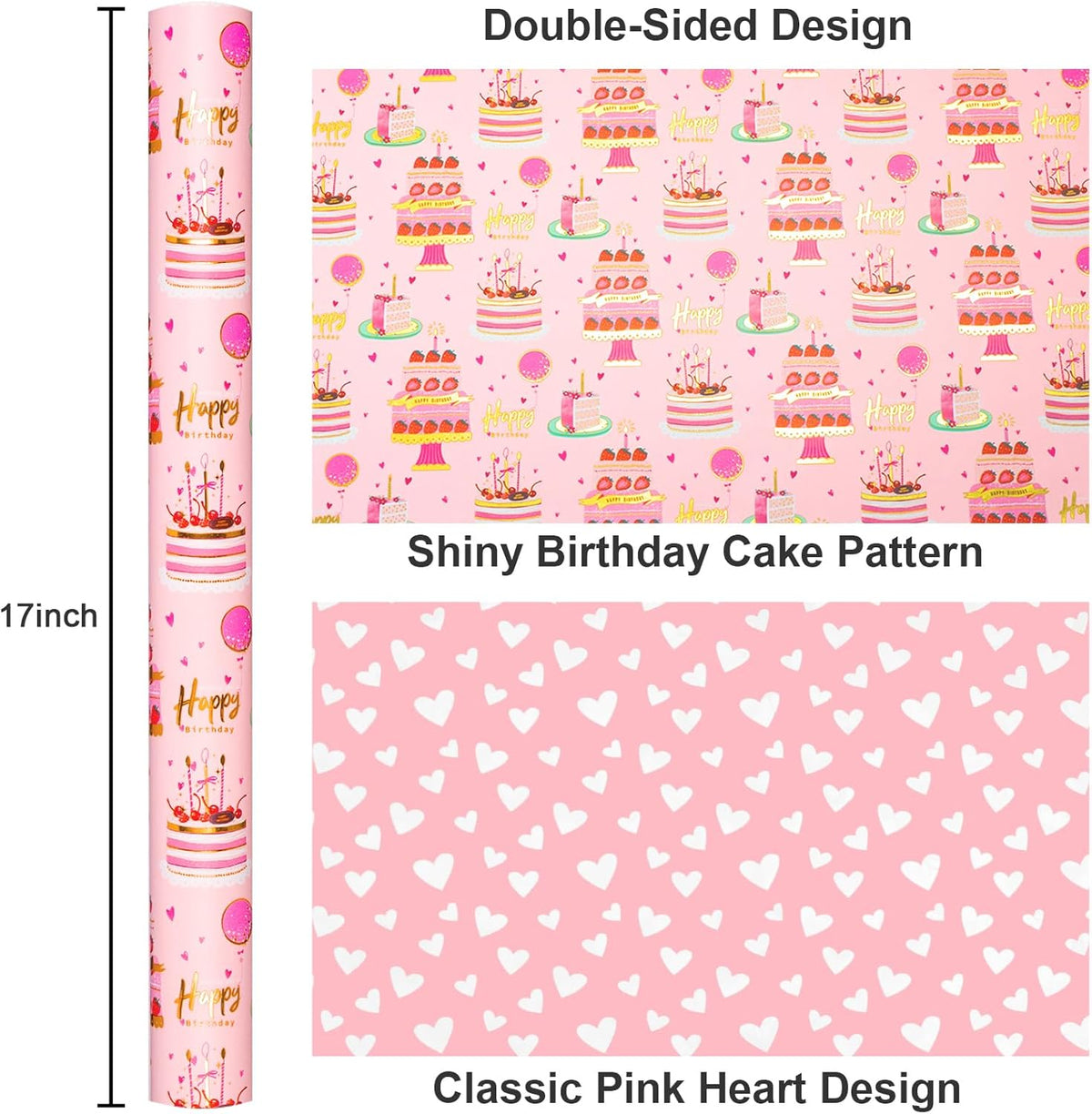 Yarcony Girls Birthday Wrapping Paper Roll, Pink Gift Wrapping Paper,Metallic Foil Pink