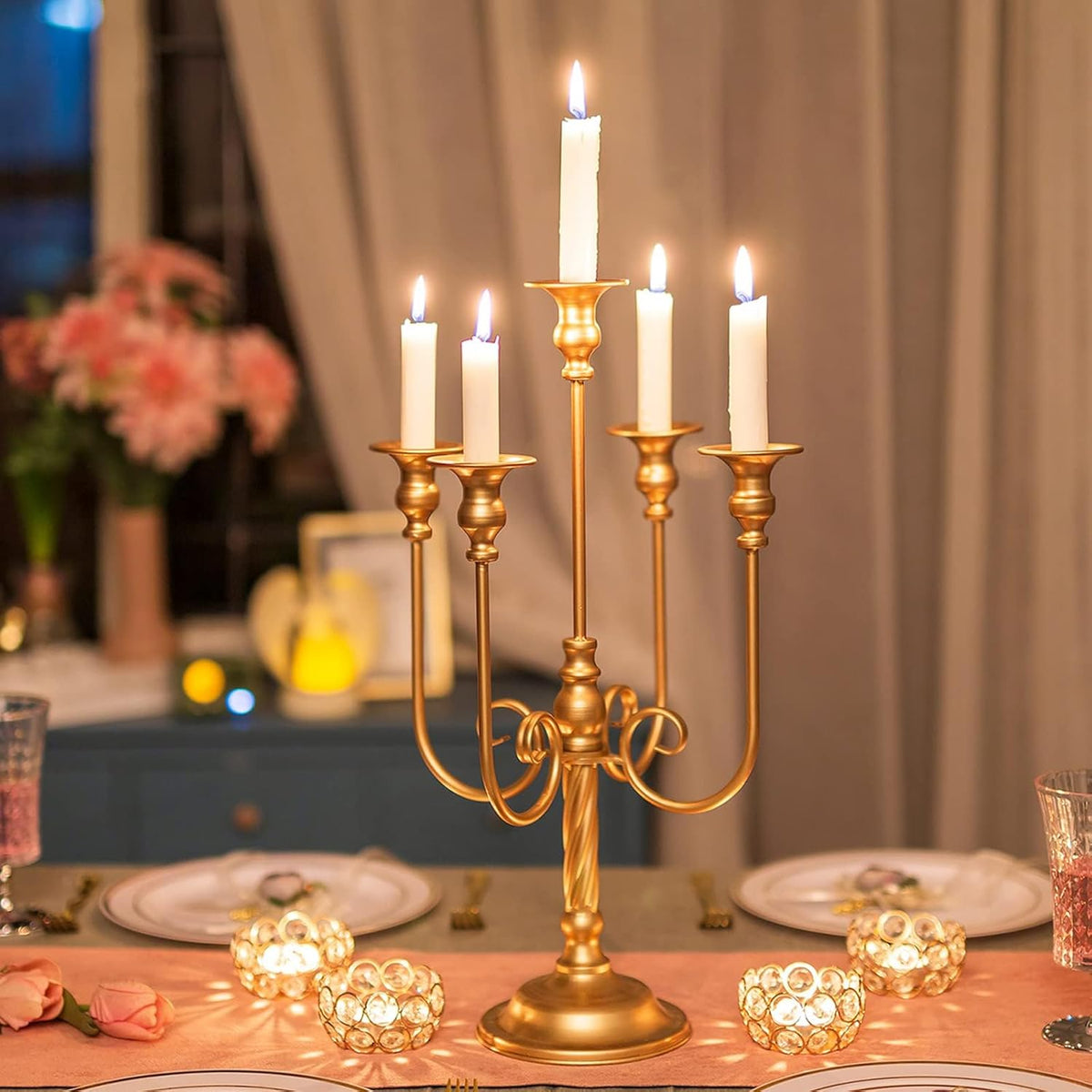 Metal Candelabra Gold Candle Stand 20in Tall, 5-Candle Candlestick Holder for Taper Candles, Candle