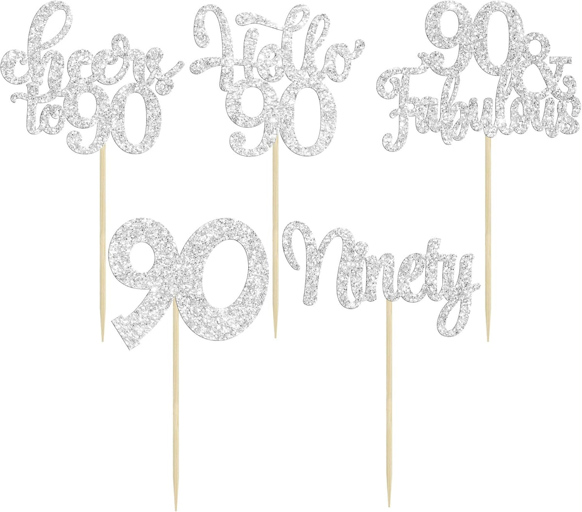 30pcs Happy 90th Birthday Cupcake Toppers - Silver Glitter Ninety Cheers to 90 Years Old Cupcake