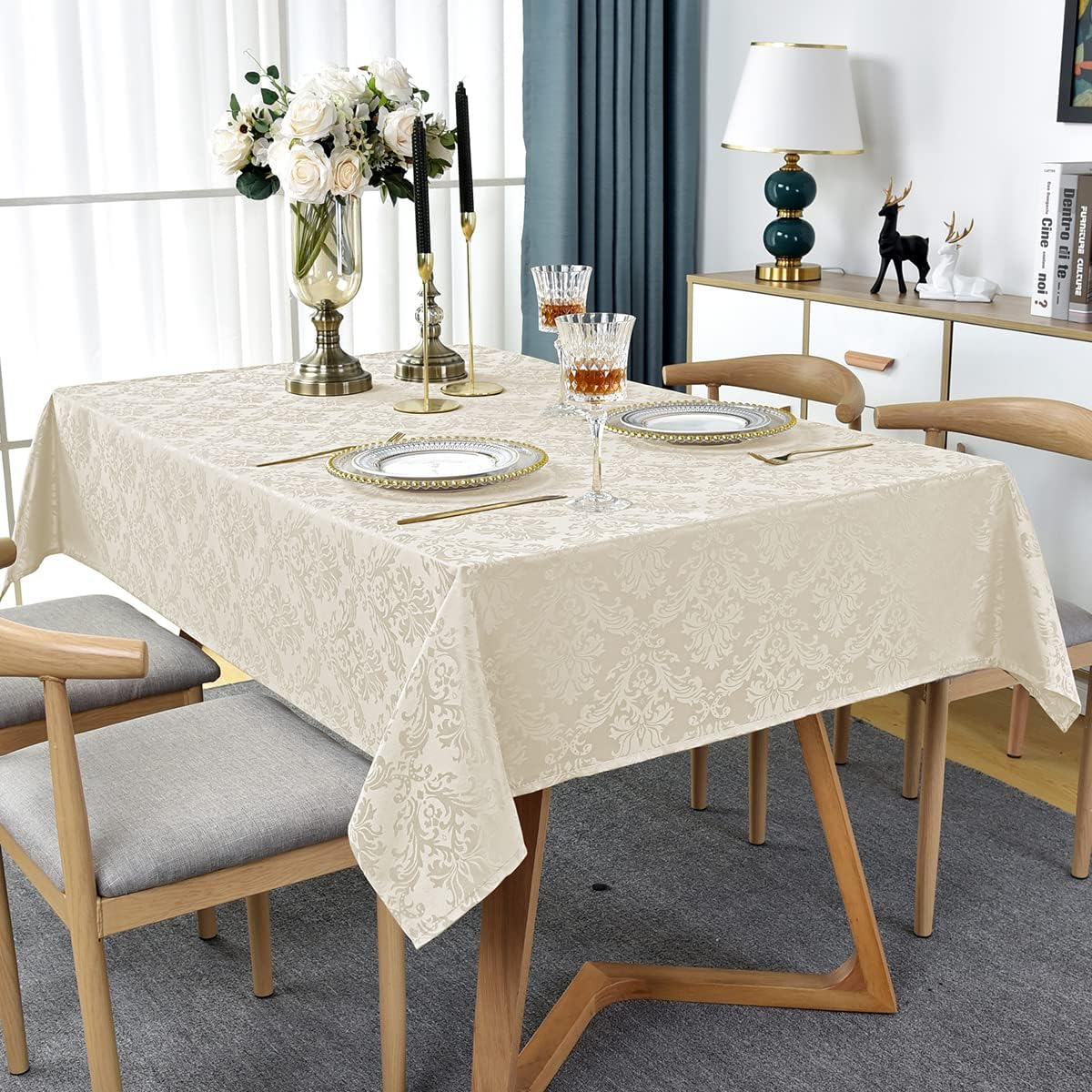 SASTYBALE Jacquard Tablecloth Rectangle 60 x 120 Inch Beige, Spill Proof Stain Resistant Damask