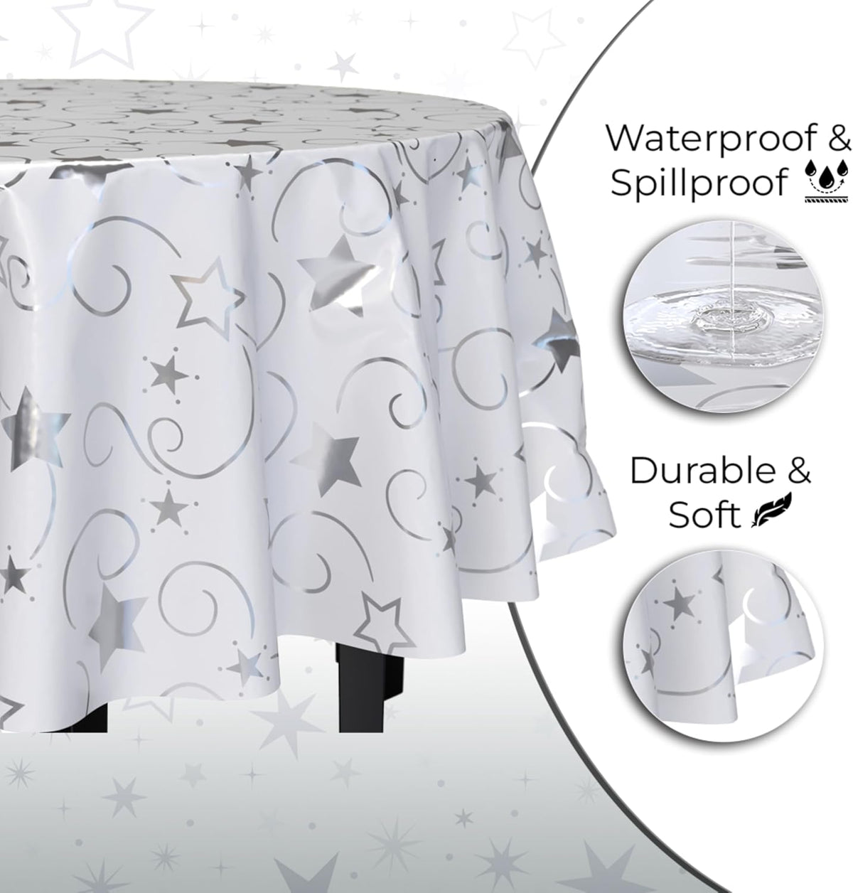 Exquisite Silver Star Tablecloth Plastic 12-Pack Disposable Round Tablecloths 84" Silver Star Table