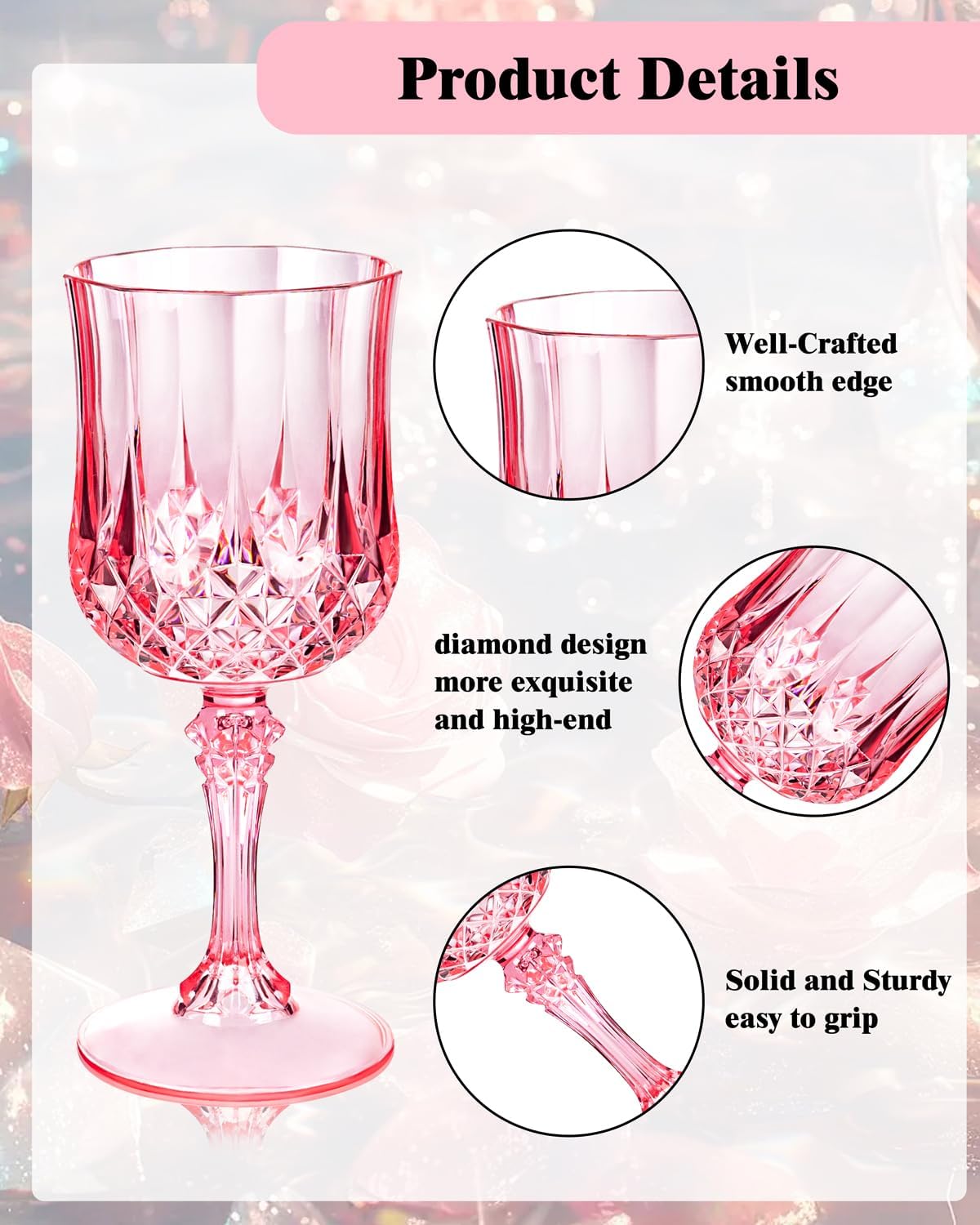 Ciaell 24PCS Pink Plastic Wine Glasses - 7 Oz Plastic Goblets for Party - Pink Vintage Drinking