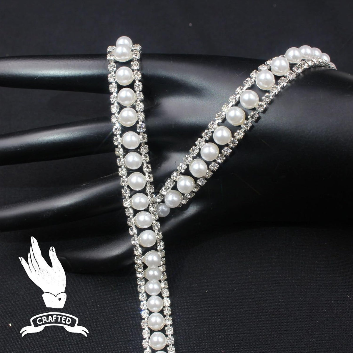 PEARLY JUN 1 Yard Pearl Rhinestone Trim Chain Silver Crystal Fringe Diamond Applique Ribbon String