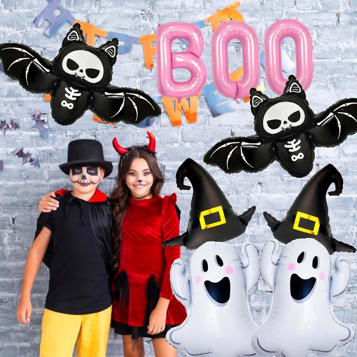 Halloween Balloons Decorations, Pink Boo Letter, Ghost, Bat, Wizard's Hat Foil Balloon for