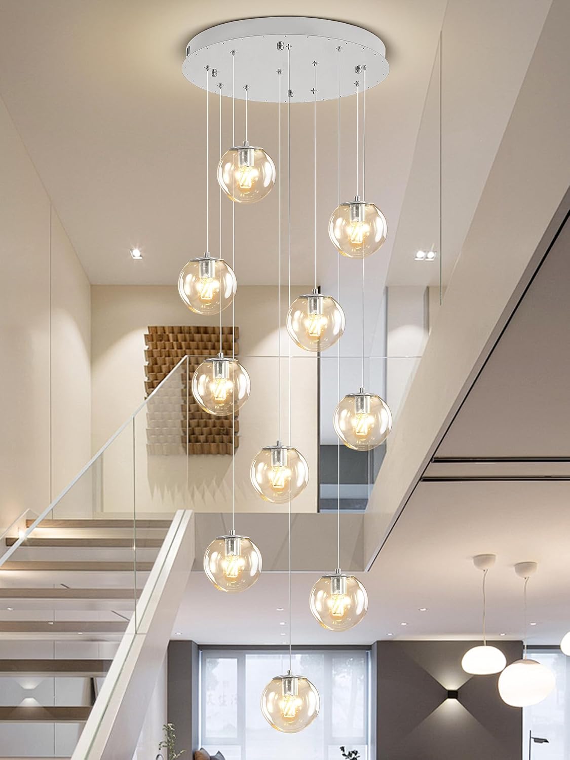 H118 Staircase Chandelier for Entryway Modern Globe Chandelier 12-Lights Glass Globe Pendant Light