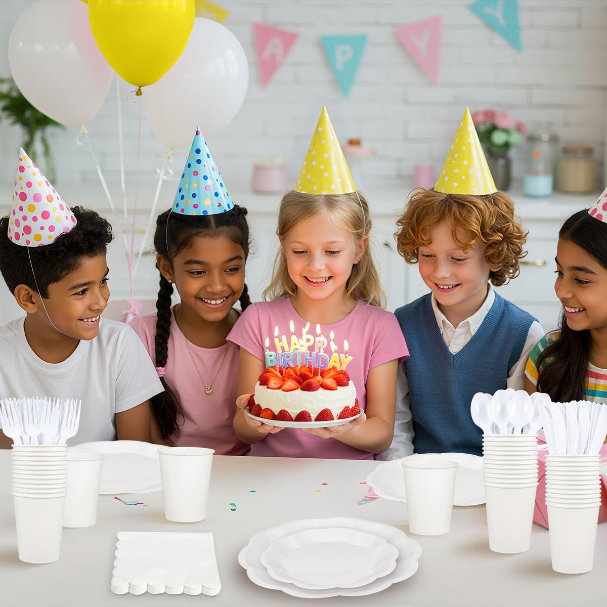 350 Pcs White Party Supplies Include Scalloped Paper Plates and Napkins