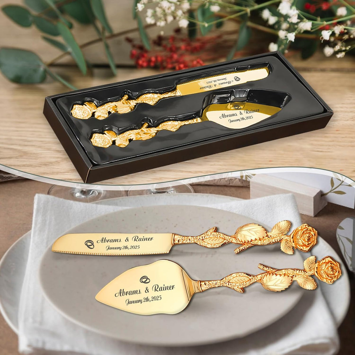 HJX Personalized Wedding Cake Knife and Server Set - Custom Name Engraved Cutting Set with Elegant