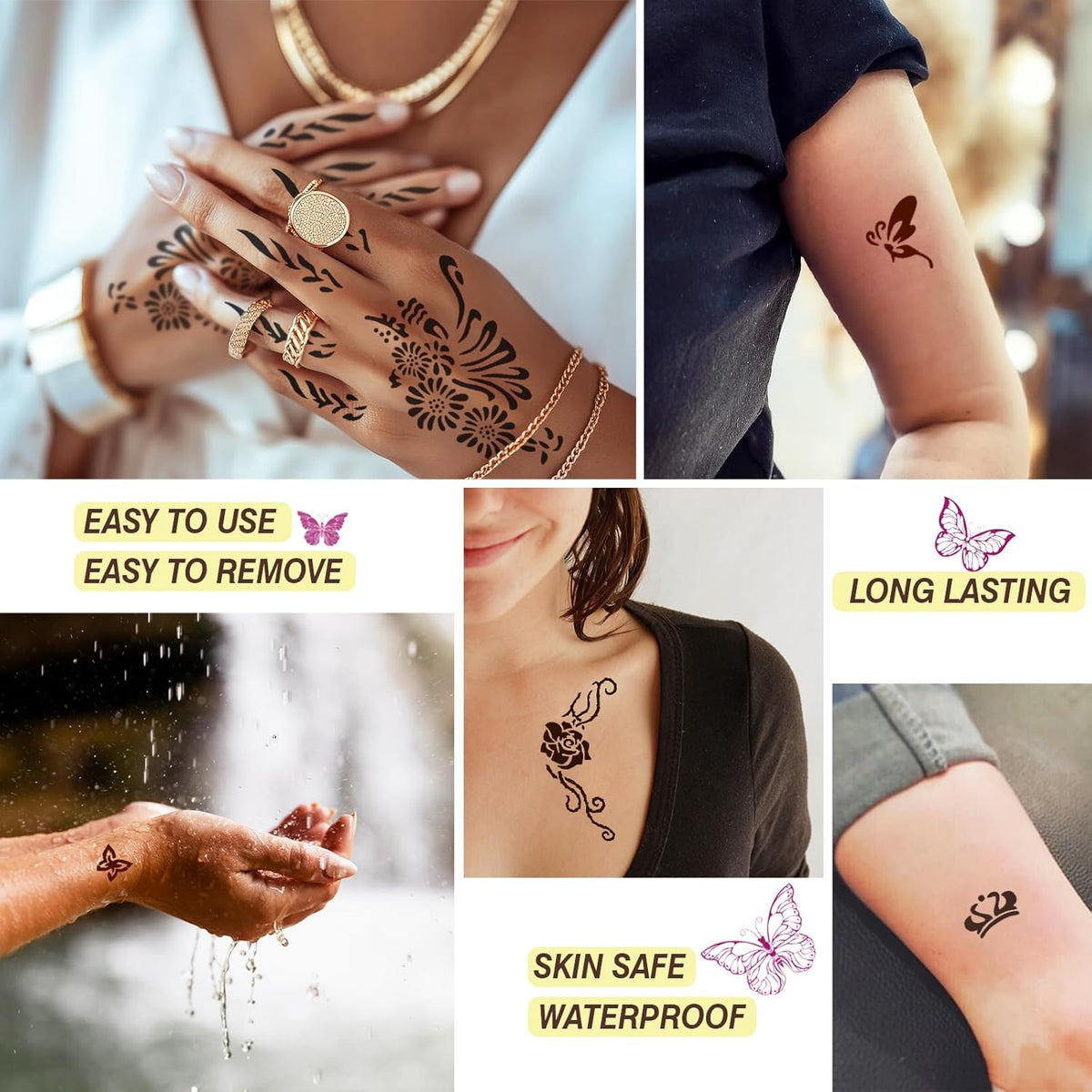 126 PCS Temporary Tattoos Stencils Kit,Temporary Tattoos Kit - 6 Pcs 2 Color(Brown Black) Ink with