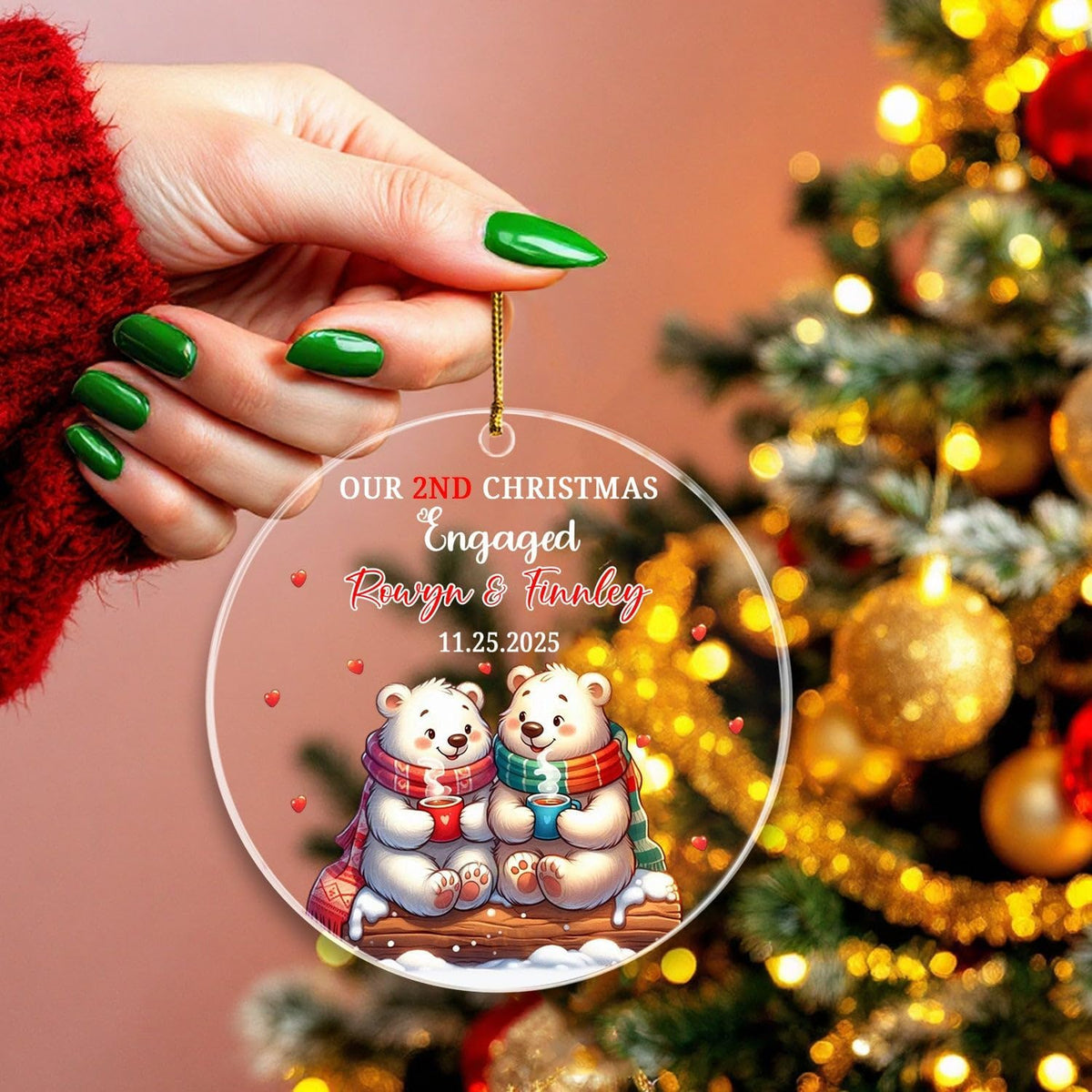 Customized Our 2ND Christmas Engaged Ornaments, Couple Polar Bear Together Ornament Gift for