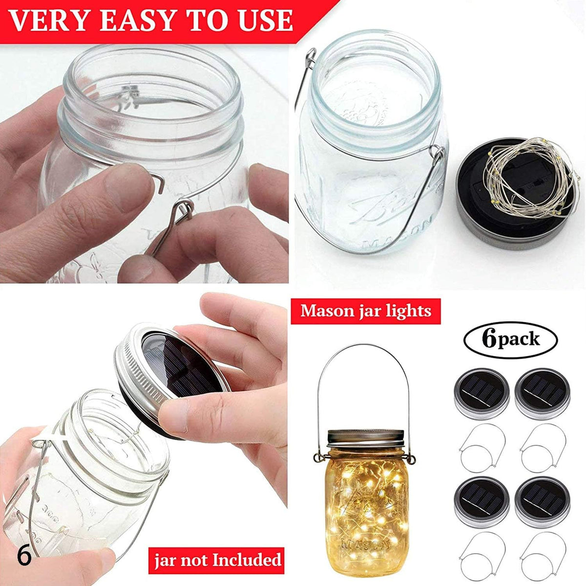 6 Pack Solar Mason Jar Lights for Outside, 30 LED Solar Mason Jar Lids Fairy Lights with 6