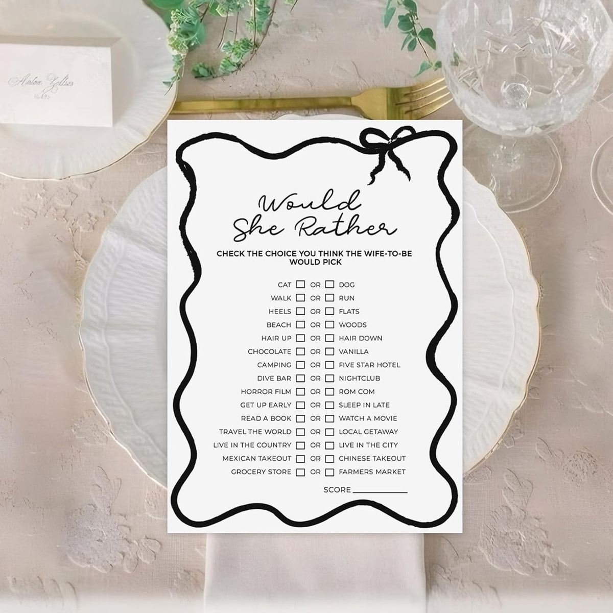 DEEKA 30 PCS Bridal Shower Games Card for 30 Guests Black Wavy Border Ribbon Bow Funny Wedding