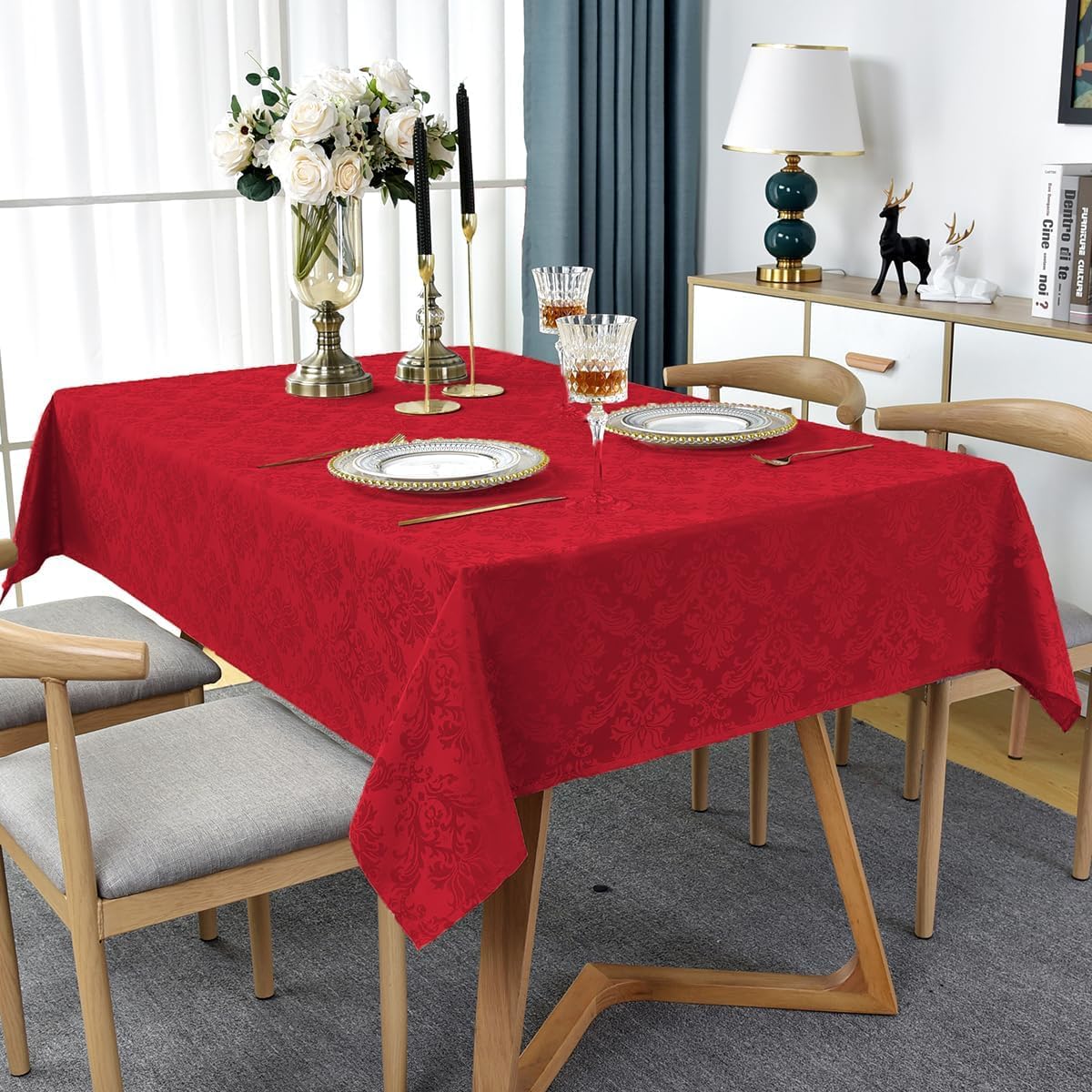 Jacquard Christmas Tablecloth Rectangle 52 x 70 Inch, Waterproof Wrinkle Free Floral Damask Table