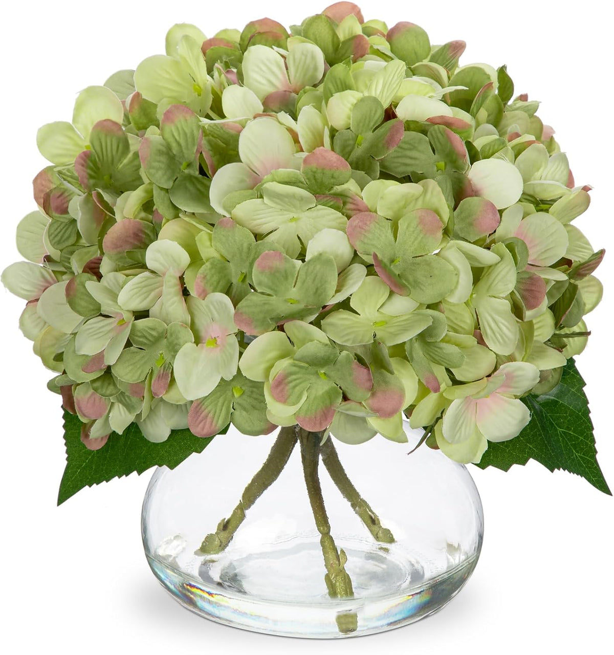 Hollyone Hydrangea Artificial Flowers with Glass Vase Dark Green Silk Faux Flowers Arrangements in