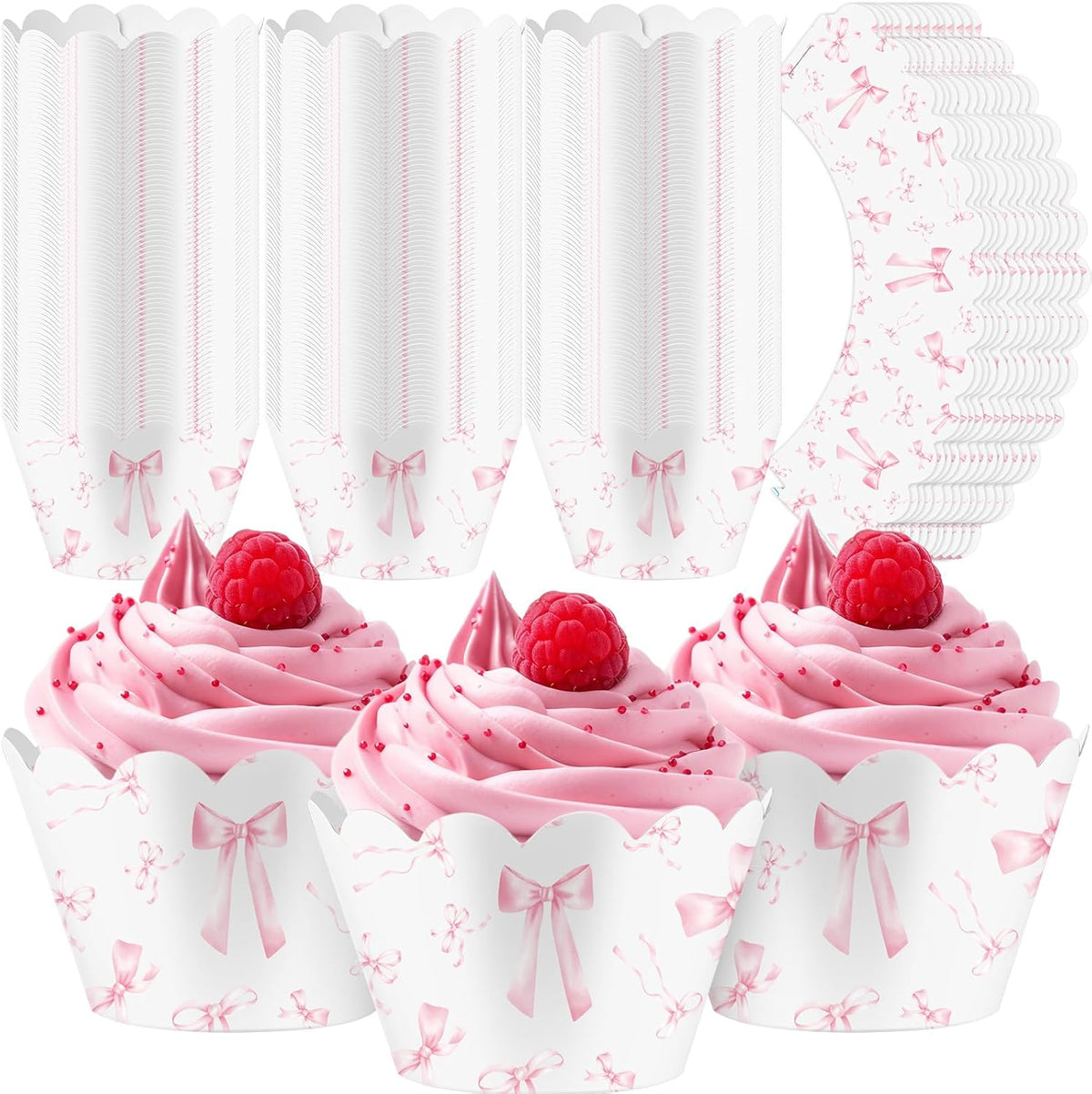 Domensi 100 Pcs Pink Bow Cupcake Wrappers Rustic Cupcake Liners Pink Baking Cups Baking Liners for