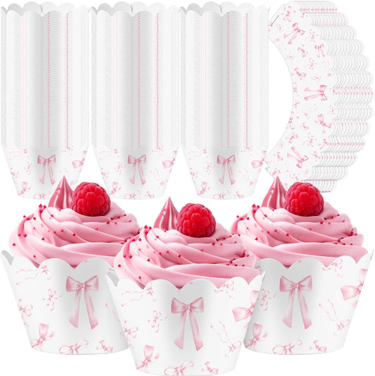Domensi 100 Pcs Pink Bow Cupcake Wrappers Rustic Cupcake Liners Pink Baking Cups Baking Liners for