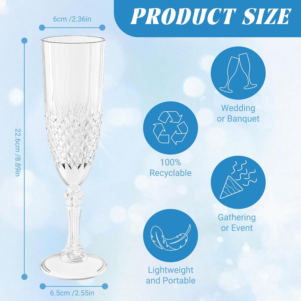 Plastic Champagne Flutes, 12PCS White Transparent Wine Glasses Goblets Cups Shatterproof Reusable