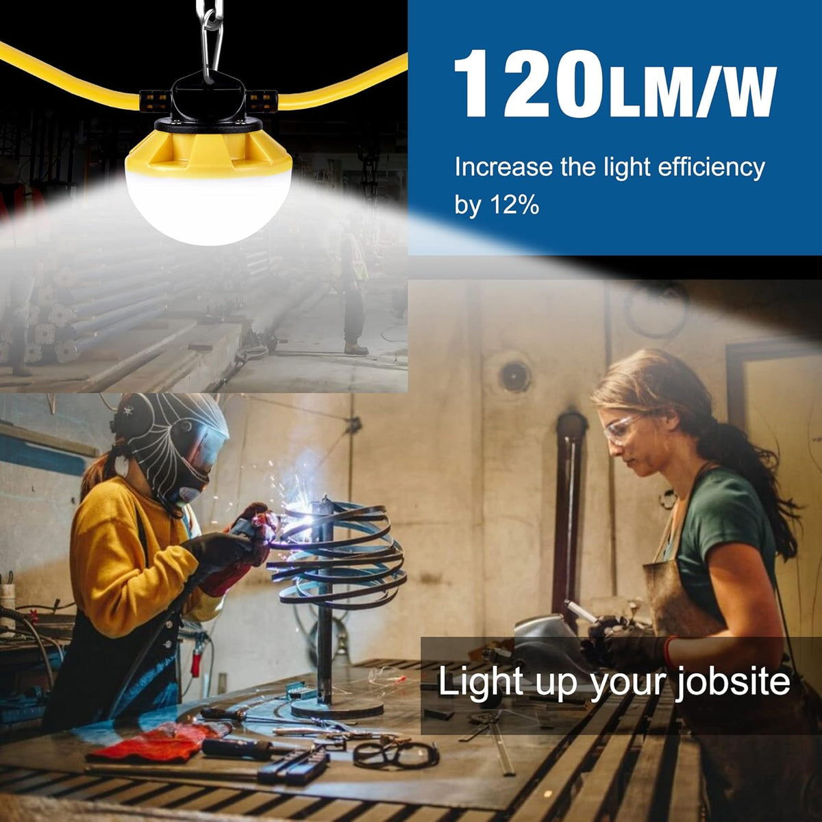 50FT Construction String Lights, IP65 Waterproof ETL Certified LED String Work Lights, 5000K