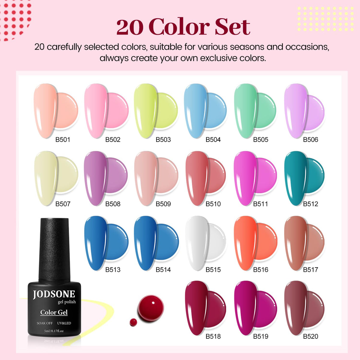 JODSONE 23 PCS Gel Polish Kit Colorful Fashion Classic Nail Gel Set 3 Bottles of Base Coat Matte