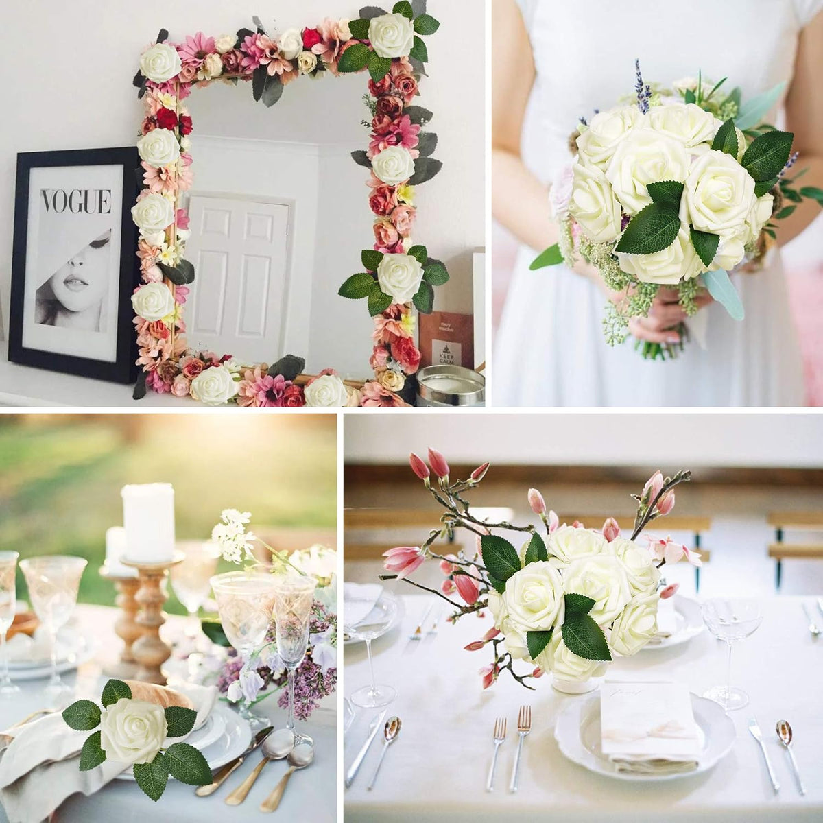 AmyHomie Artificial Flower Ivory Rose 25pcs Real Looking Fake Roses w/Stem for DIY Wedding Bouquets