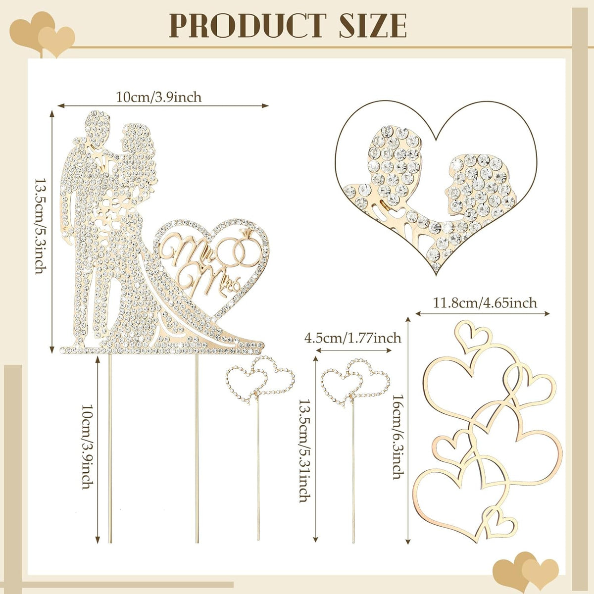 Spiareal 4 Pcs Wedding Cake Topper Mr and Mrs Rhinestone Bride and Groom Love Cake Topper Metal