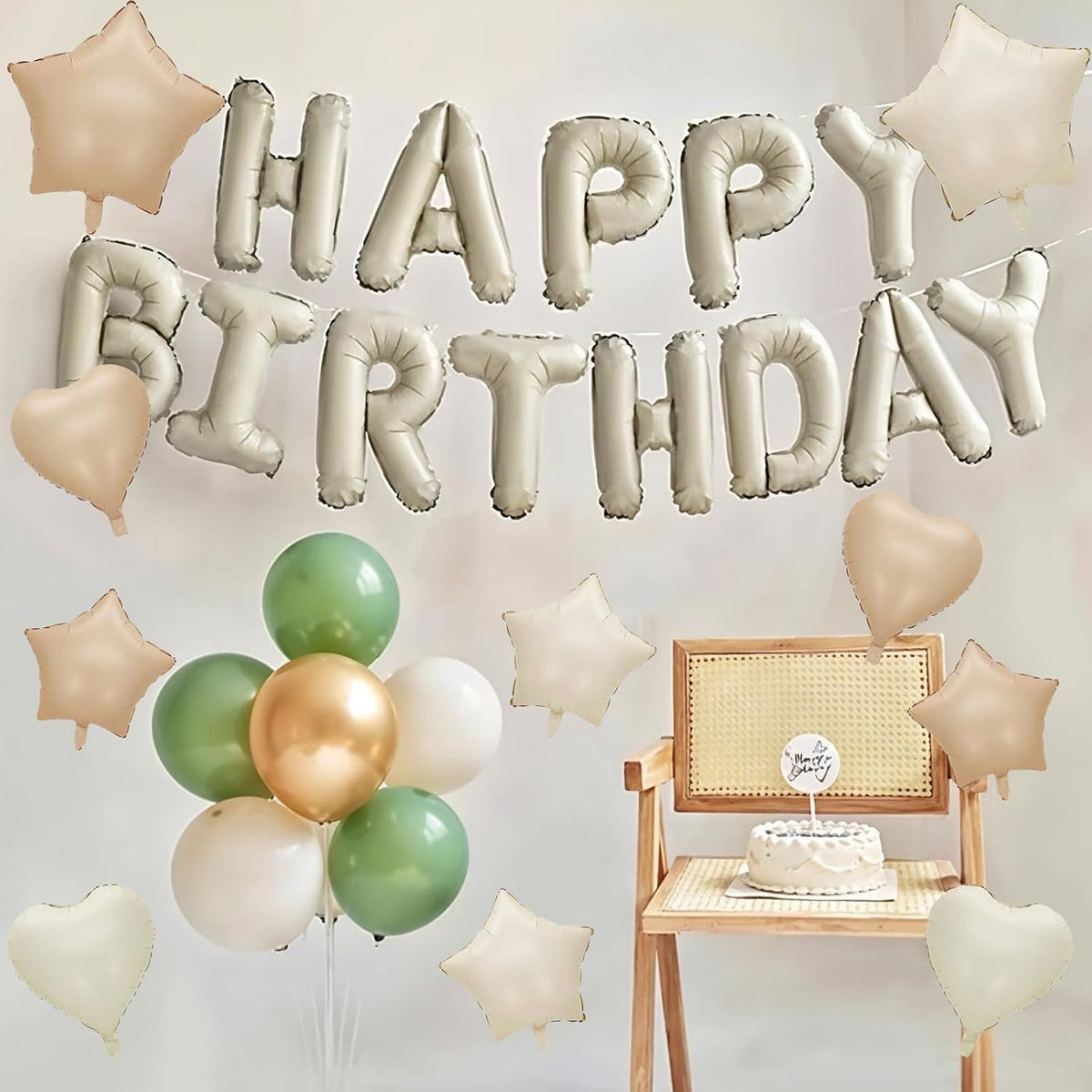Happy Birthday Balloon Banner Cream, 16 Inch Beige Mylar Foil Letter Balloons, Boho Neutral