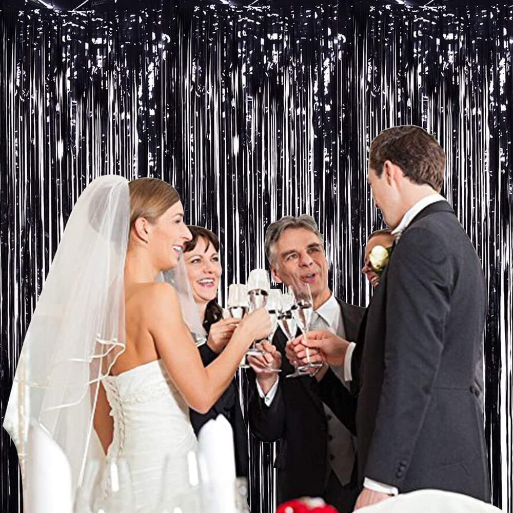 TONIFUL 3Pcs Black Door Streamers,Black Photo Booth Backdrop Metallic Streamers Foil Fringe