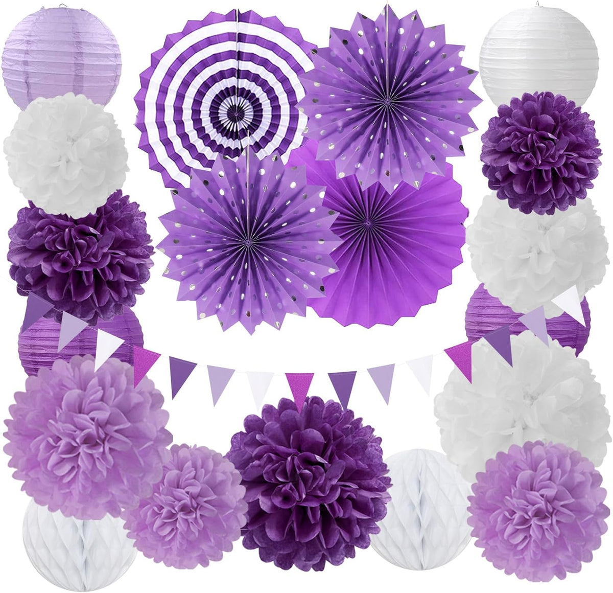 Lavender-Purple White Graduation Party Decorations - 20pcs Paper Lanterns Fans,Tissue Pom