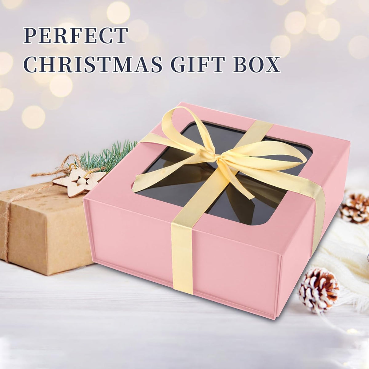 TIACABO Pink Gift Box with Window,7.5"x7.5"x3.1" Bridesmaid Boxe for Gifts Giving,Birthday Gift