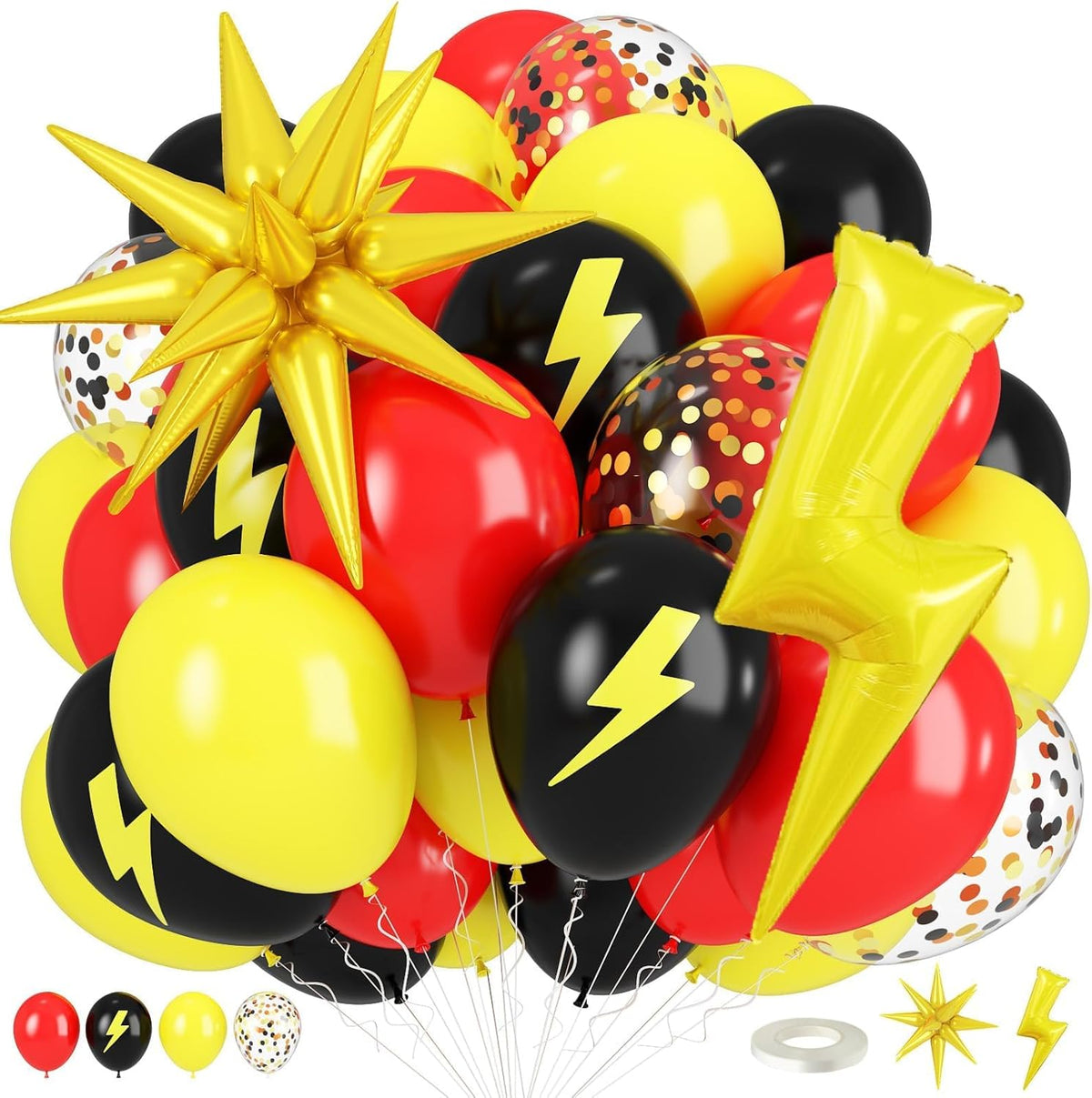 Red Yellow Black Balloons, Cartoon Theme Balloons with 36 Inch Lightning and 22 Inch Star Foil