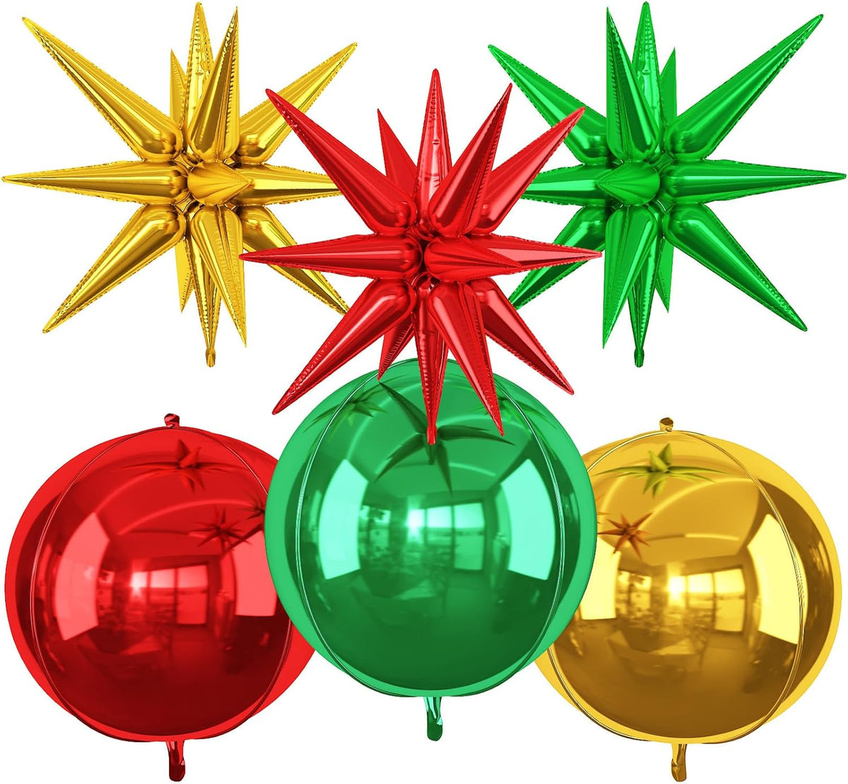 6Pcs Red Green Gold Foil Balloons,22Inch Green Red Gold 4D Round Ball Balloon and Explosion Star