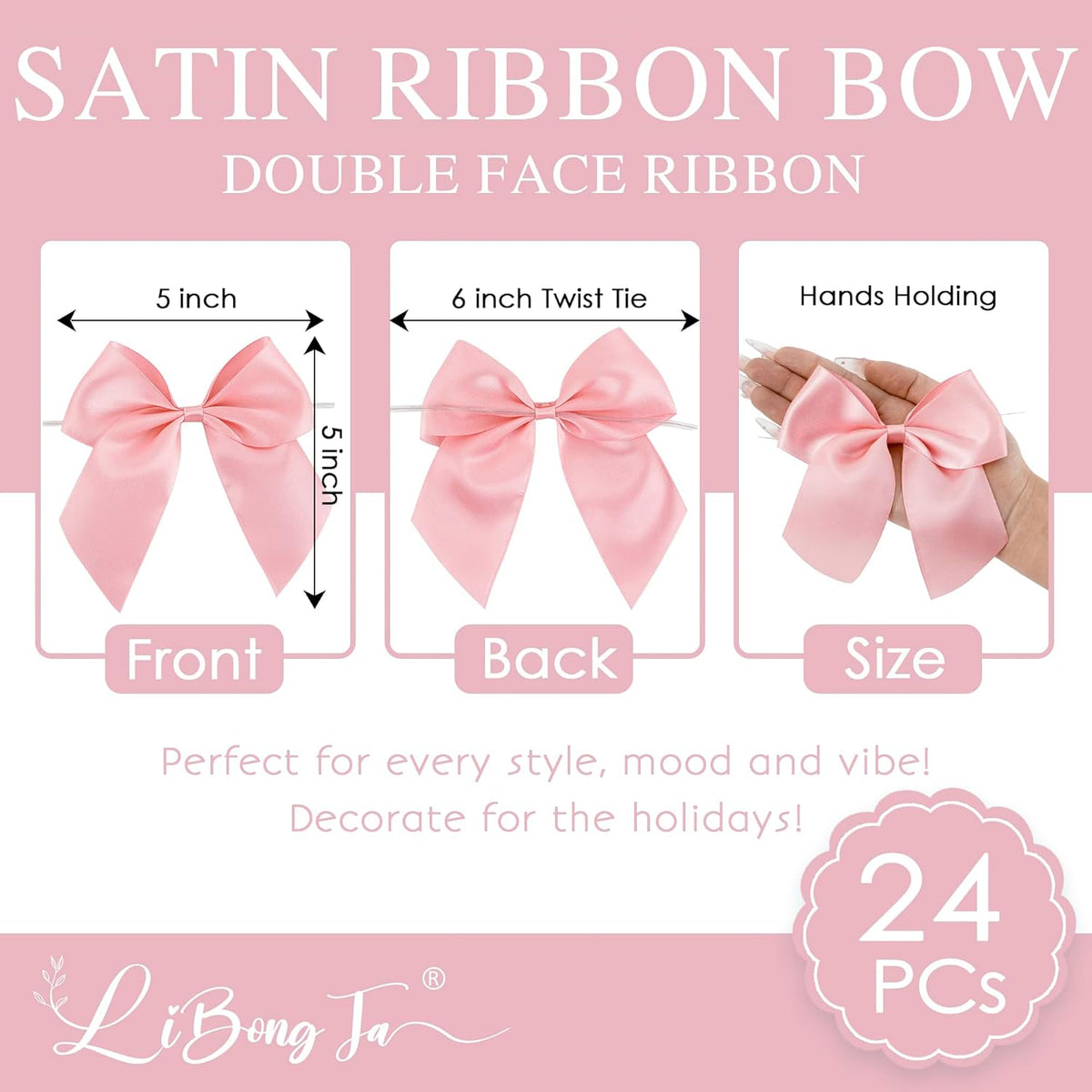 5'' Pink Bow Party Decorations Satin Bows, Twist Tie Bows for Treat Bags, Cake Pops, Pre-Tied Bow