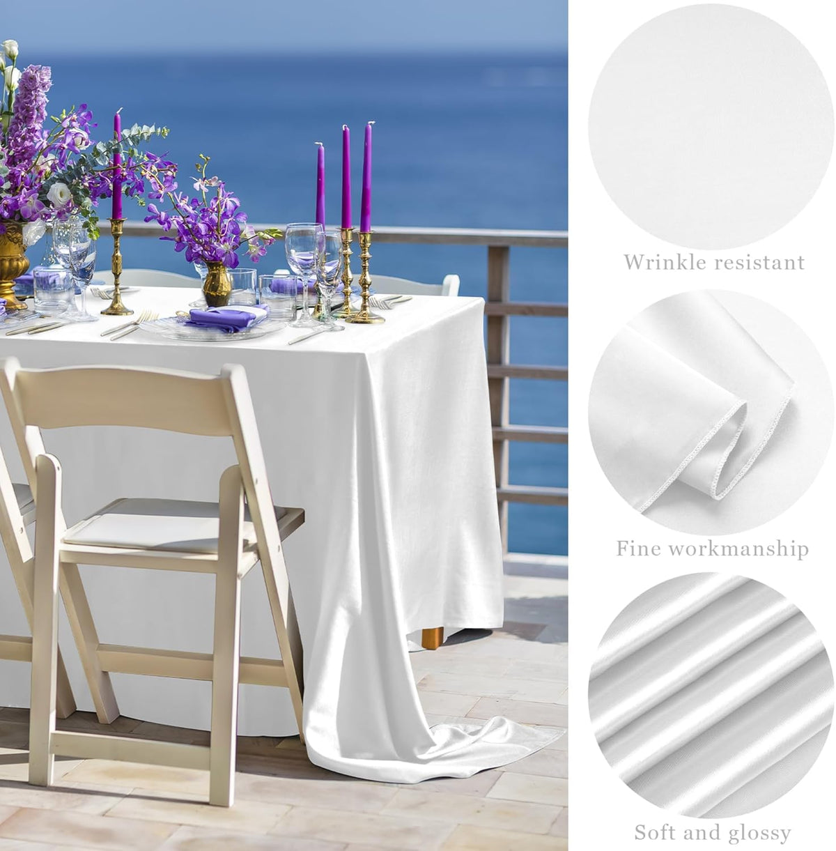 TURSTIN 8 Packs White Satin Tablecloth 102 x 58 Inch Overlay Satin Table Cover Rectangle Bright