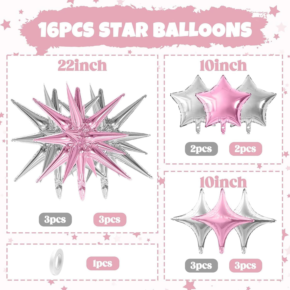 Pink Silver Star Balloon,16Pcs Star Foil Balloons Set with 22Inch Explosion Spike Cone Balloons and