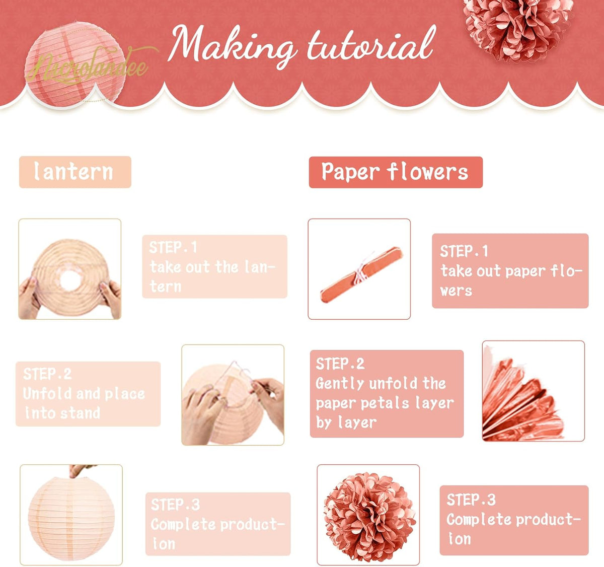 NICROLANDEE Wedding Party Decorations, 12 PCS Rose Pink Floral Paper Lanterns Tissue Pom Poms