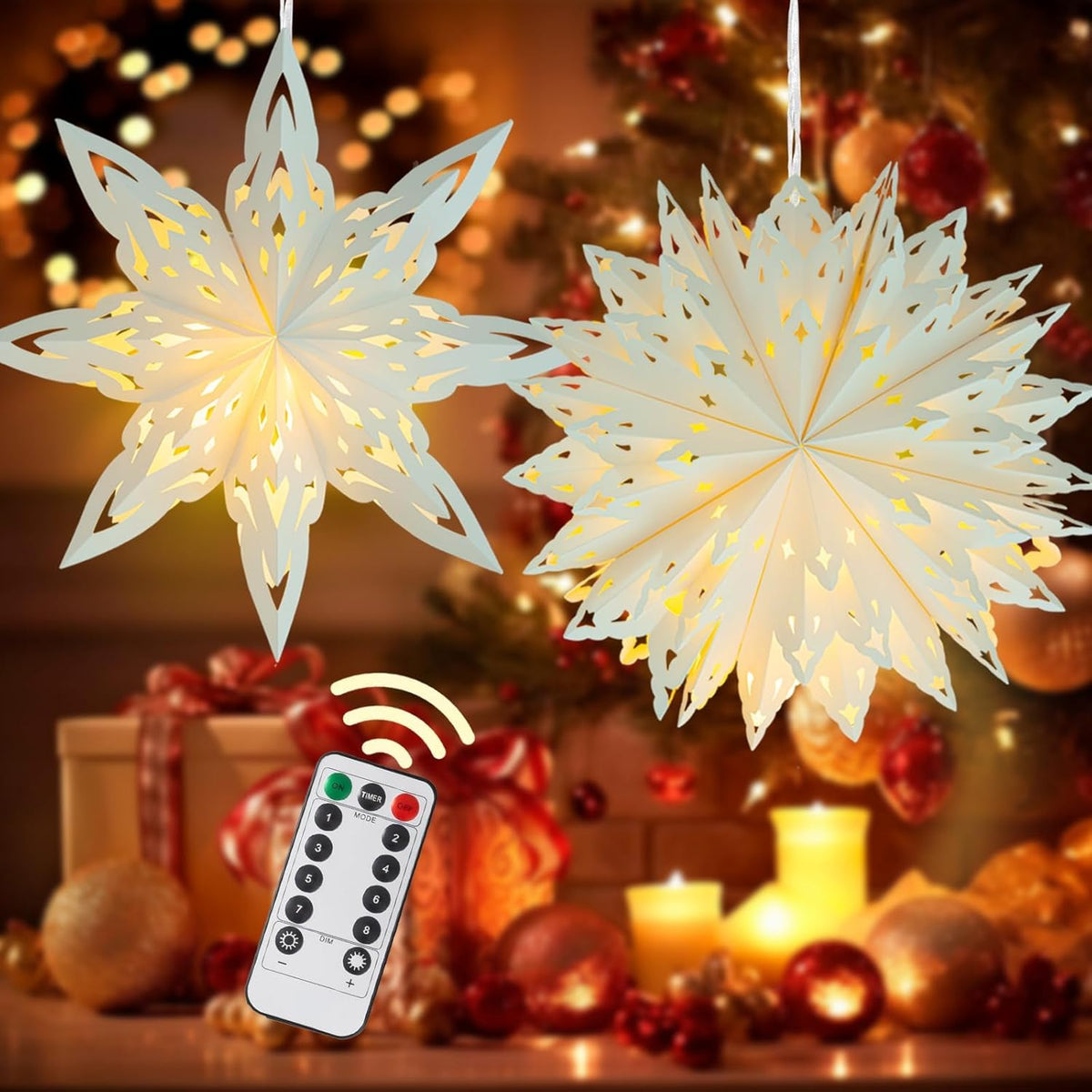 Christmas Paper Snowflake Lanterns, 2 Pack Christmas Paper Star Lantern with LED Light White