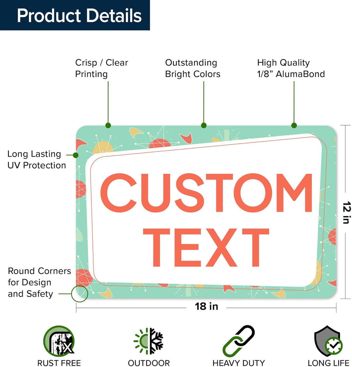 Custom Sign, Custom Street Sign, 11 Font Colors, 13 Font Styles, 4 Hole Options, 22 Sizes, 12x18