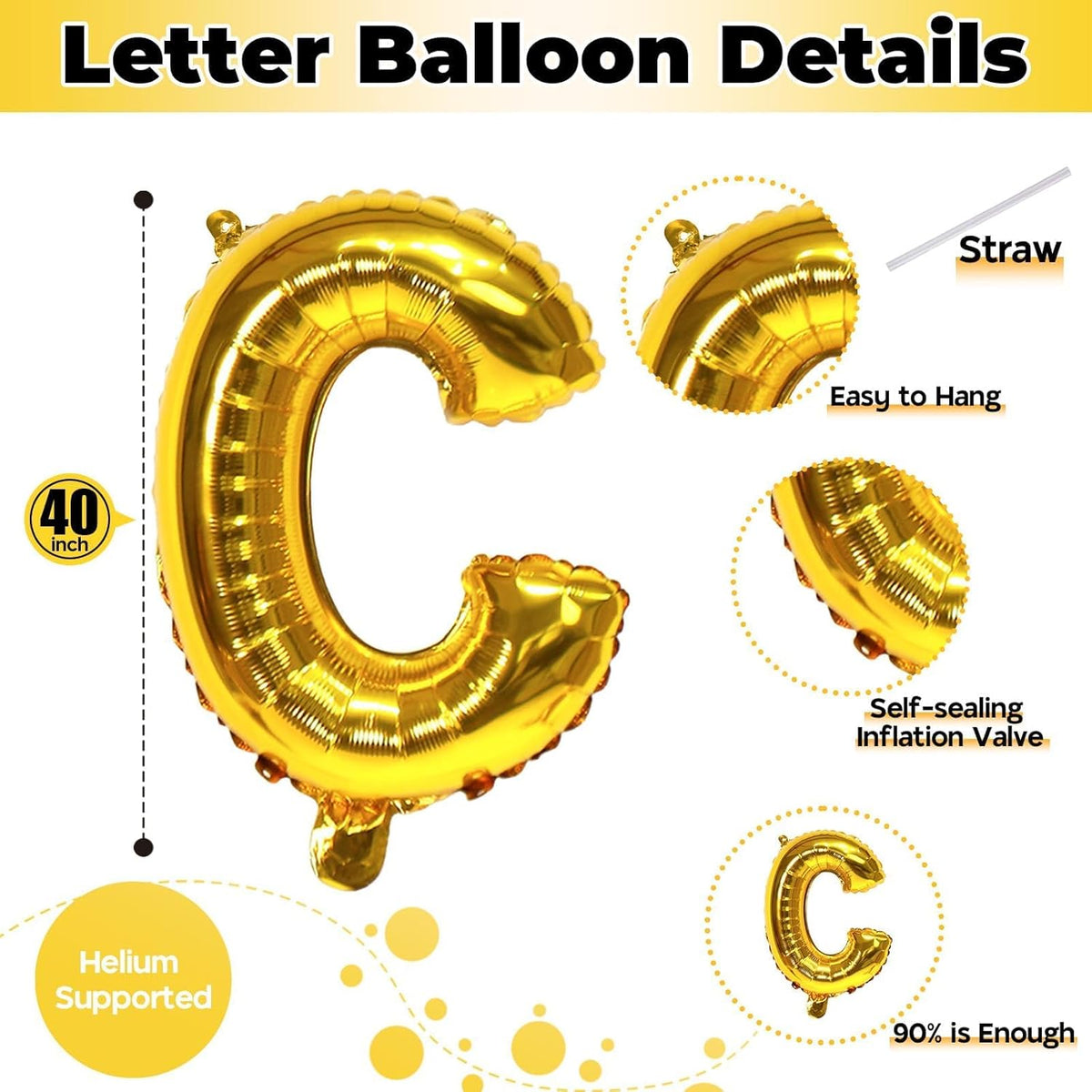 Giant C Alphabet Name Balloon, Gold Self Inflating Custom Letter Balloons Birthday Decor, 40 Inch