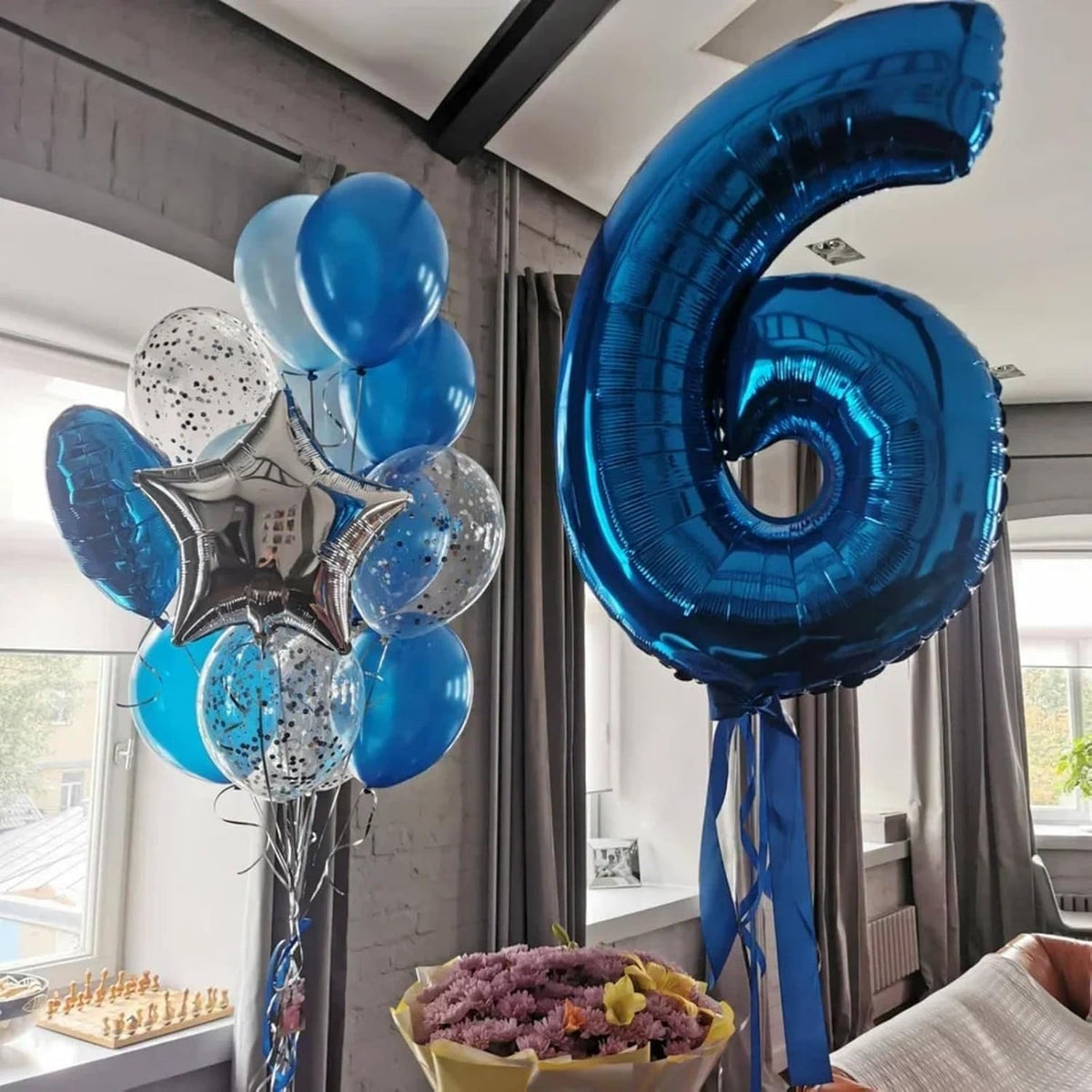 Blue 4 Balloons, 40 Inch Large Foil Number Balloons Set 0-9, Self Inflating Digital 4 Helium