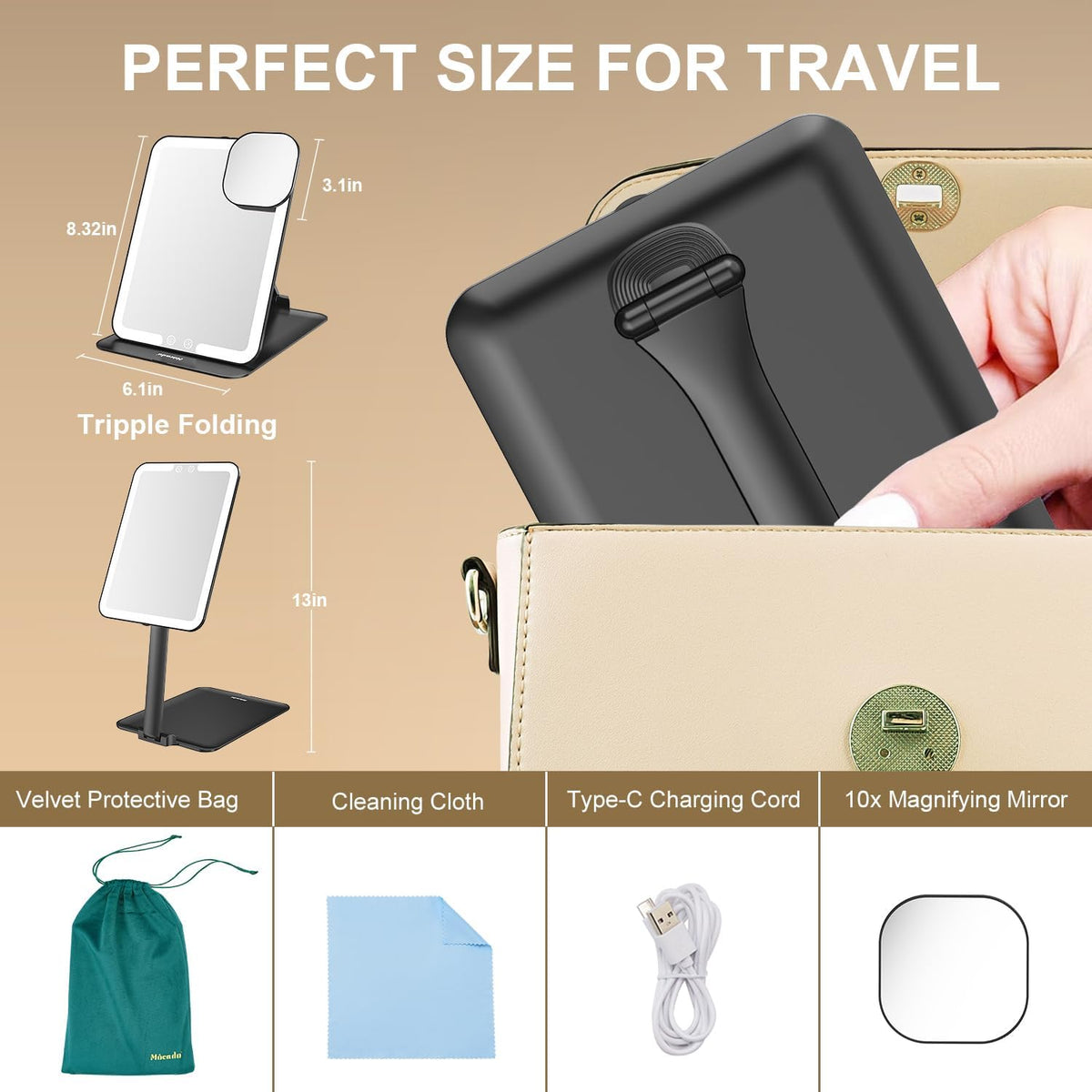 Mocado Travel Makeup Mirror with Light, Tripple Folding Vanity Mirror with Lights, 3 Colors Lighted