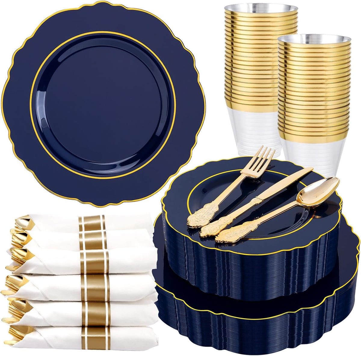 Liacere 350PCS Navy Blue Plastic Plates-Disposable Blue Gold Plates 50guest Plastic Dinnerware