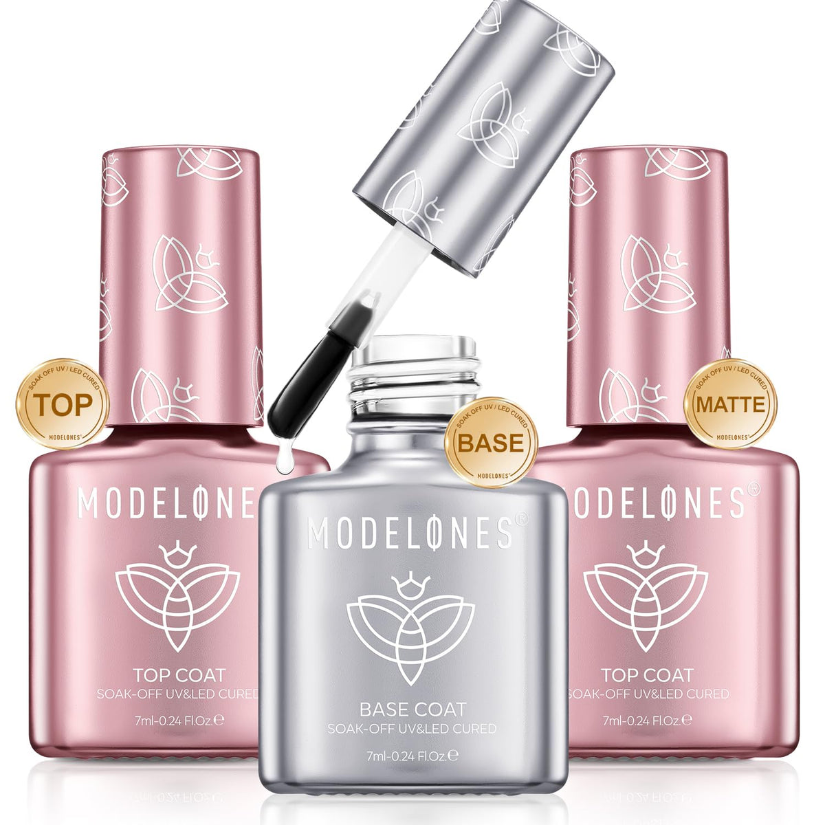 modelones Gel Base and Top Coat Set 3 Pcs, Clear No Wipe Glossy and Matte Top Coat & Base Coat Nail