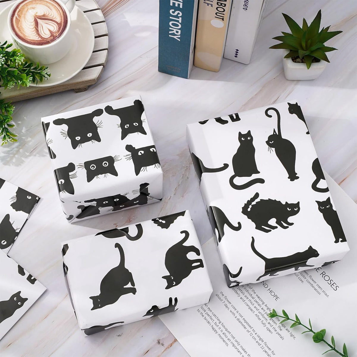 JarThenaAMCS 8 Sheets Cat Wrapping Paper - Not Roll - Cartoon Black Cat Gift Wrap Paper Folded Flat