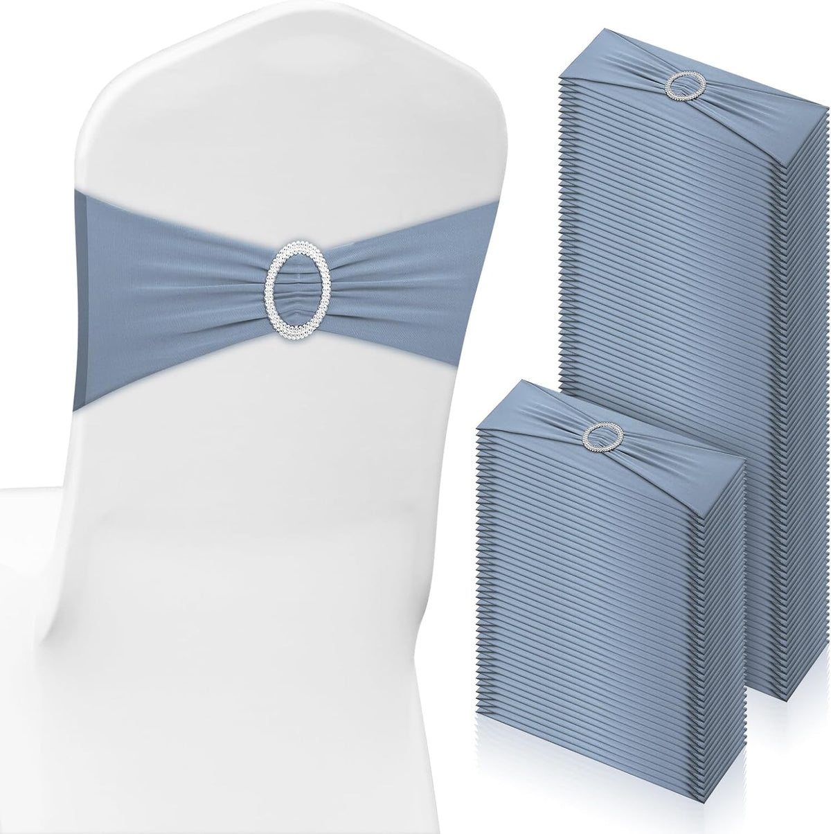 CHENGU 150 Pieces Spandex Stretch Chair Sashes Bows Elastic Chair Cover Bands Ties with Buckle