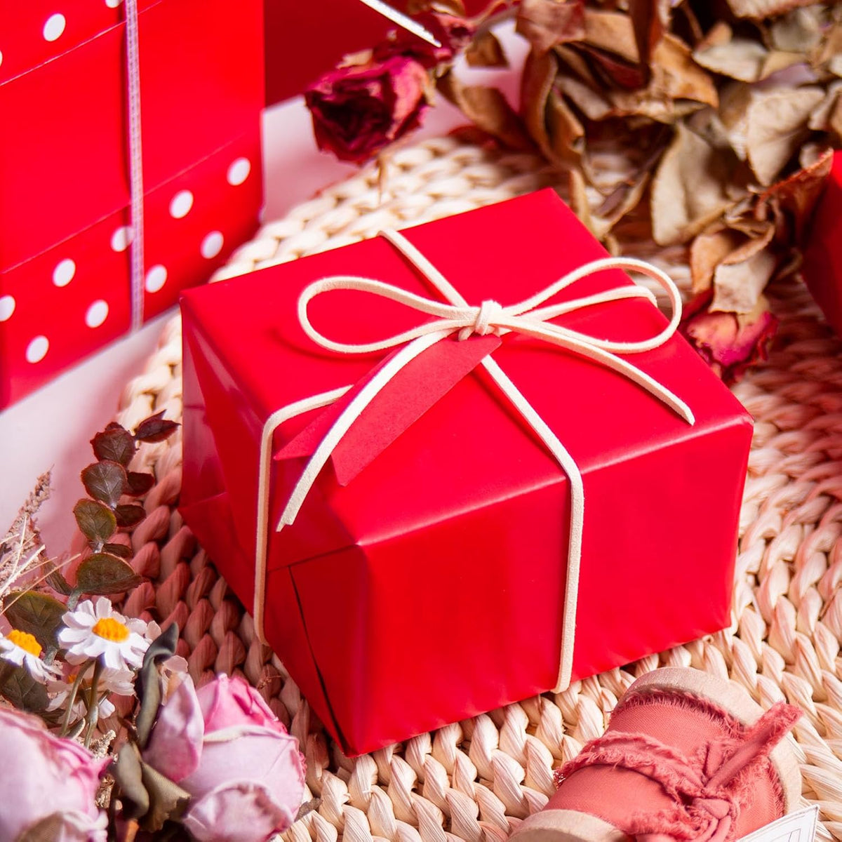 Flyhill Red Wrapping Paper,Reversible Gift Wrap Paper with Polka Dot Design for