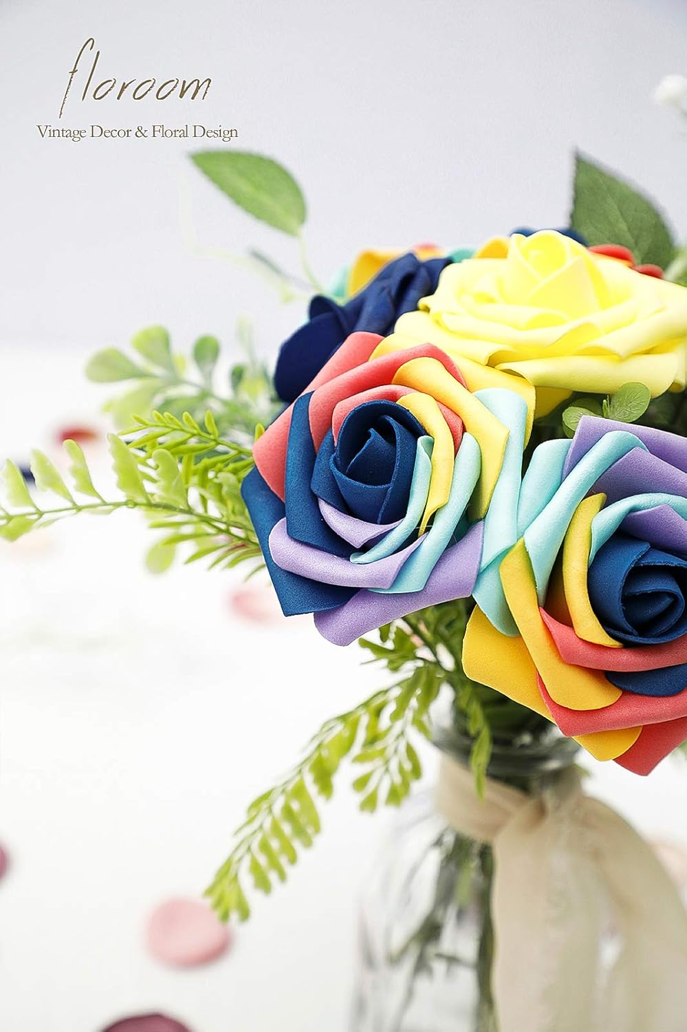 Floroom Artificial Flowers 25pcs Real Looking Whimsical Blue Foam Fake Roses with Stems for DIY