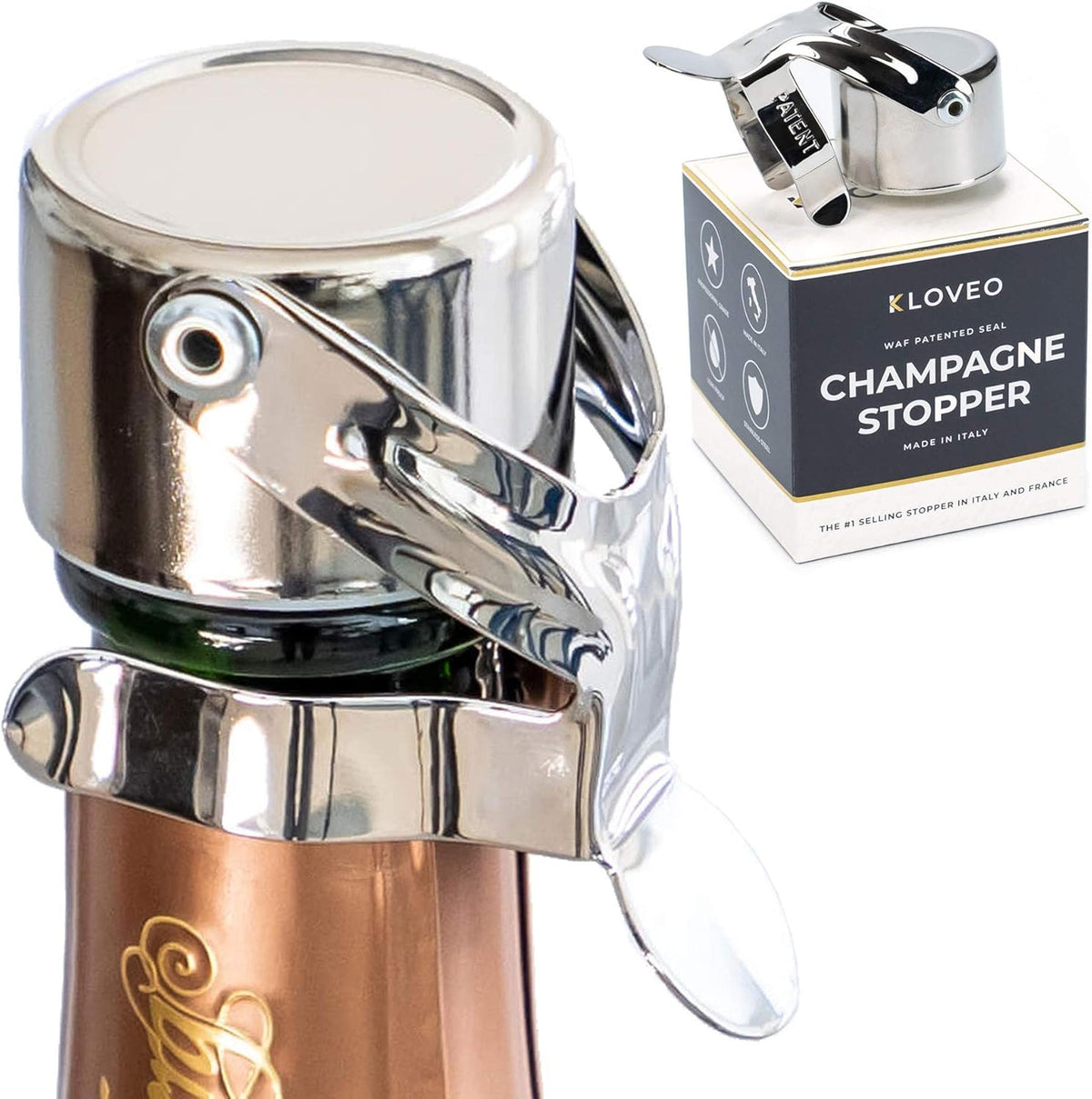 KLOVEO Champagne Stoppers - Patented Seal - Made in Italy - Professional Grade WAF Champagne Bottle
