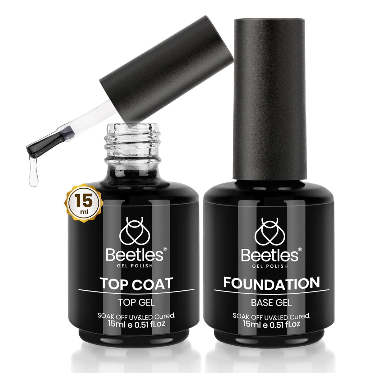 beetles Gel Polish Base Gel Top Coat Set, 2Pcs 15ML Clear Base and No Wipe Top Coat Soak Off UV LED