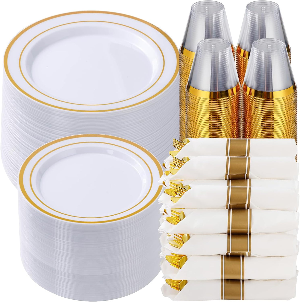 Goodluck 700 Piece Gold Plastic Dinnerware Set for 100 Guests, Disposable Plates for Party